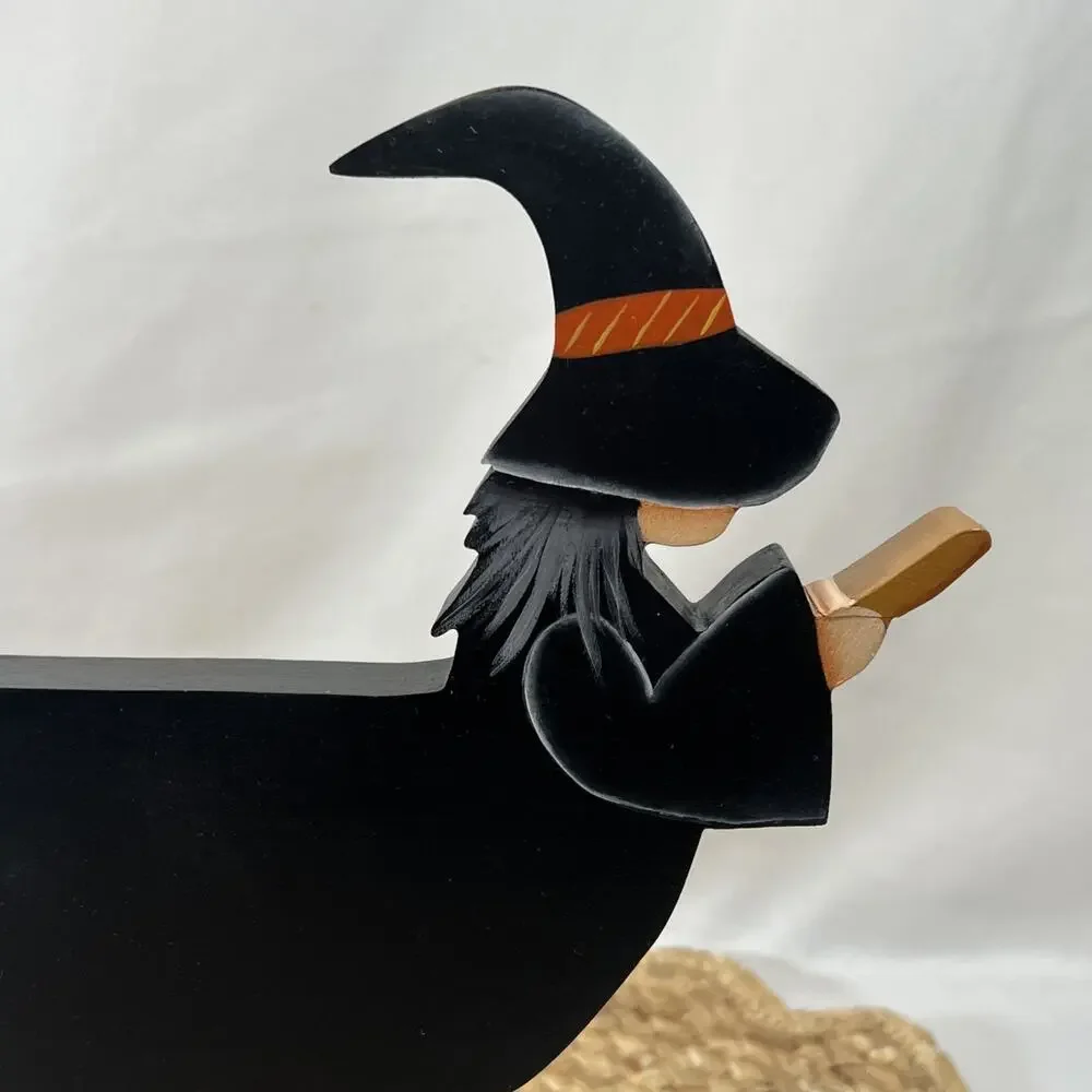 Hand Carved Wooden Witch On Broom Halloween Figurine Folk Art Black Dress & Hat